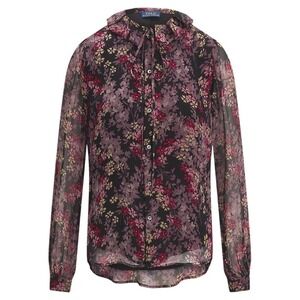 Polo Ralph Lauren Floral Ruffle Tie Neck Blouse Purple Pink Sheer Viscose Large